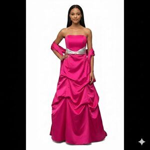 Dramatic Fuchsia Pink Satin Gown – Pick-Up Skirt & Jeweled Silver Sash NWT